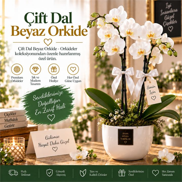 Çift Dal Beyaz Orkide