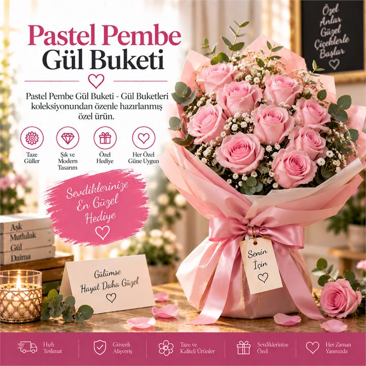 Pastel Pembe Gül Buketi