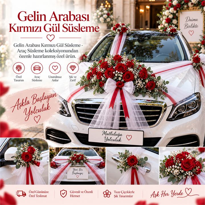 Gelin Arabası Kırmızı Gül Süsleme