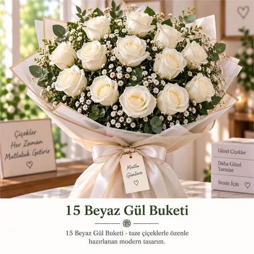 15 Beyaz Gül Buketi
